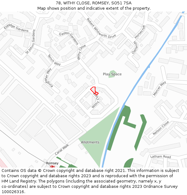 78, WITHY CLOSE, ROMSEY, SO51 7SA: Location map and indicative extent of plot