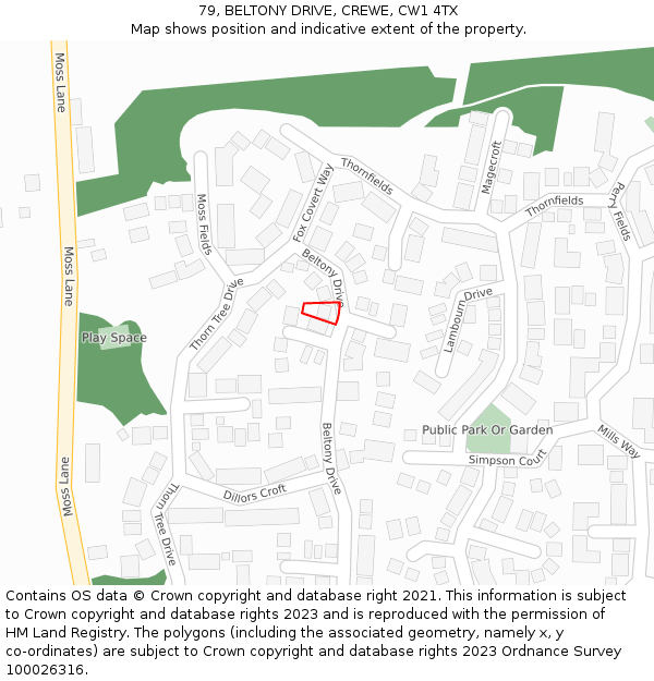 79, BELTONY DRIVE, CREWE, CW1 4TX: Location map and indicative extent of plot