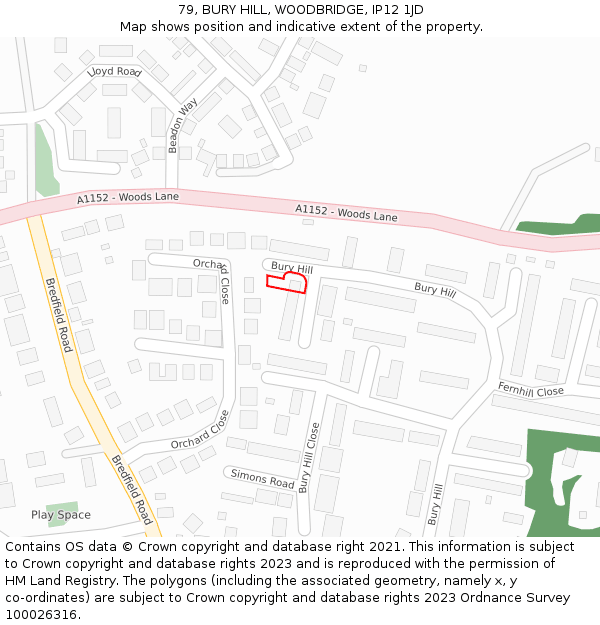 79, BURY HILL, WOODBRIDGE, IP12 1JD: Location map and indicative extent of plot