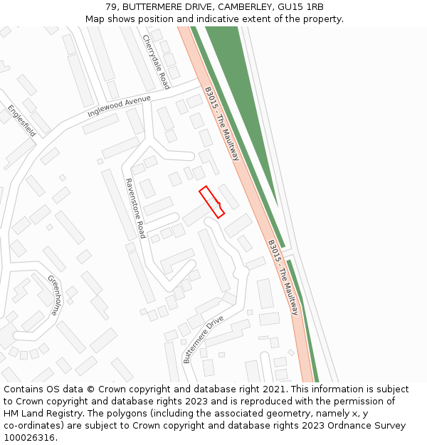 79, BUTTERMERE DRIVE, CAMBERLEY, GU15 1RB: Location map and indicative extent of plot