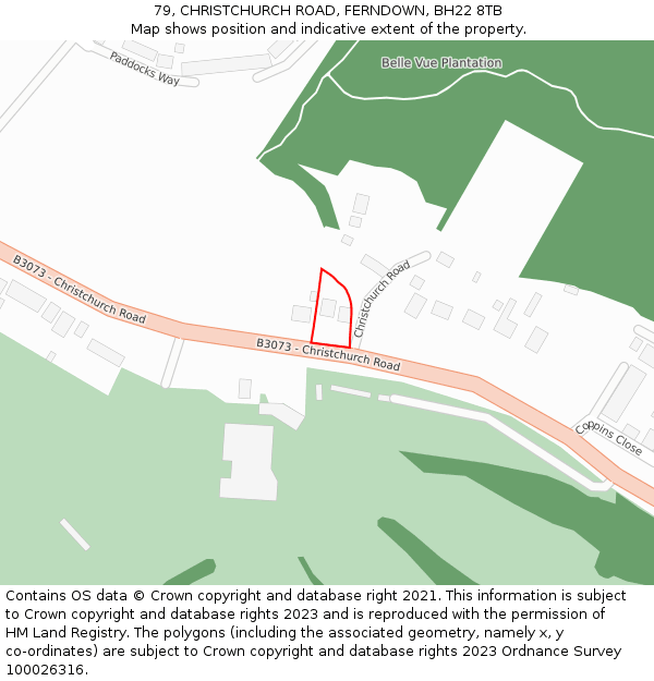 79, CHRISTCHURCH ROAD, FERNDOWN, BH22 8TB: Location map and indicative extent of plot