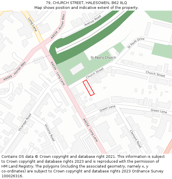 79, CHURCH STREET, HALESOWEN, B62 9LQ: Location map and indicative extent of plot