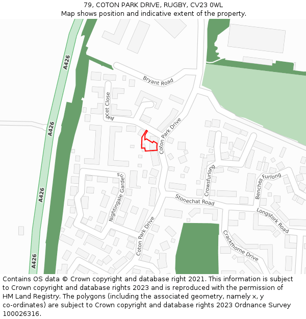 79, COTON PARK DRIVE, RUGBY, CV23 0WL: Location map and indicative extent of plot