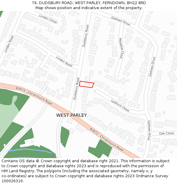79, DUDSBURY ROAD, WEST PARLEY, FERNDOWN, BH22 8RD: Location map and indicative extent of plot