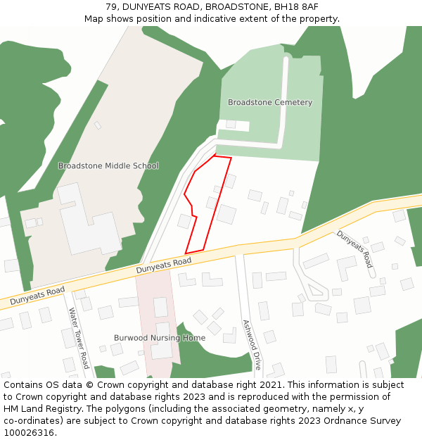 79, DUNYEATS ROAD, BROADSTONE, BH18 8AF: Location map and indicative extent of plot