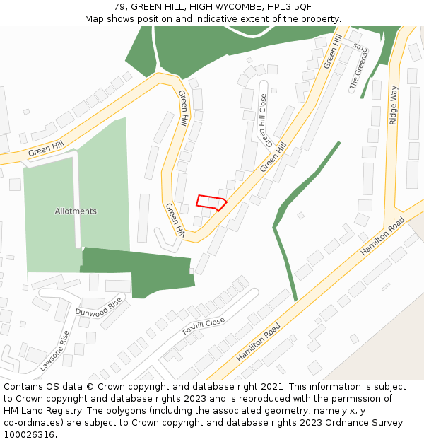 79, GREEN HILL, HIGH WYCOMBE, HP13 5QF: Location map and indicative extent of plot