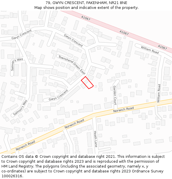 79, GWYN CRESCENT, FAKENHAM, NR21 8NE: Location map and indicative extent of plot