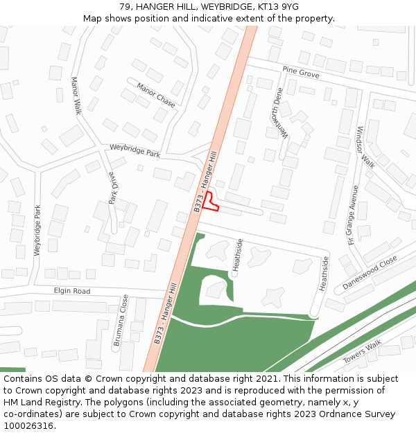 79, HANGER HILL, WEYBRIDGE, KT13 9YG: Location map and indicative extent of plot