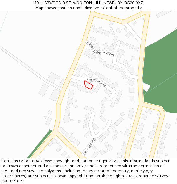 79, HARWOOD RISE, WOOLTON HILL, NEWBURY, RG20 9XZ: Location map and indicative extent of plot