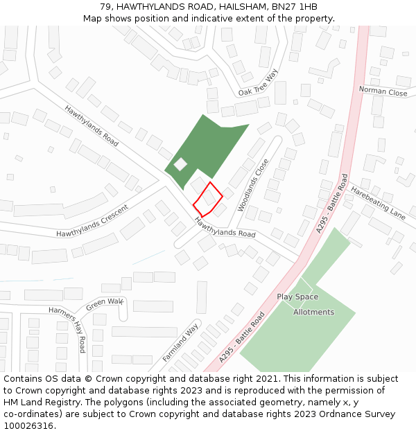 79, HAWTHYLANDS ROAD, HAILSHAM, BN27 1HB: Location map and indicative extent of plot