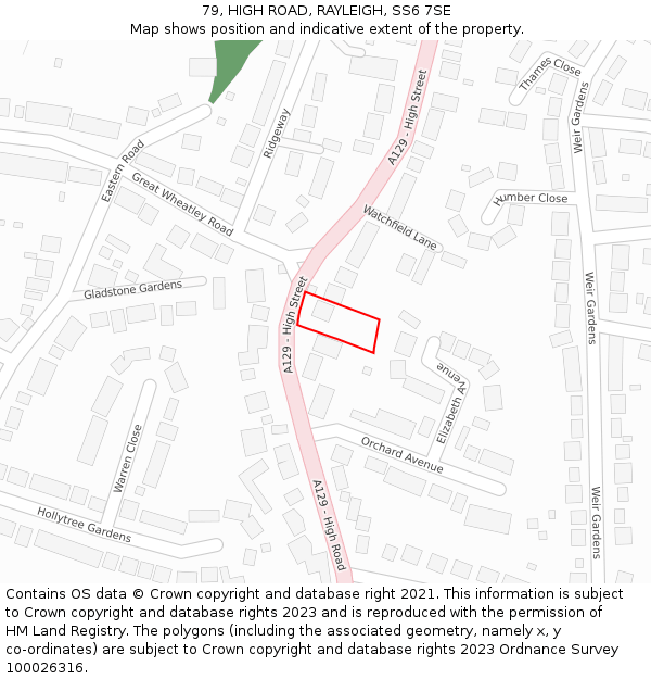 79, HIGH ROAD, RAYLEIGH, SS6 7SE: Location map and indicative extent of plot
