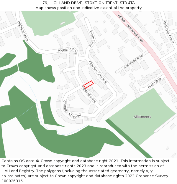 79, HIGHLAND DRIVE, STOKE-ON-TRENT, ST3 4TA: Location map and indicative extent of plot