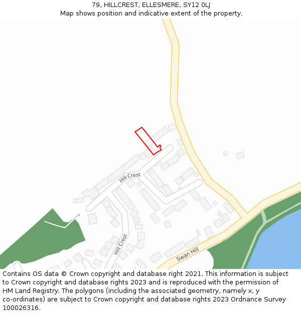 79, HILLCREST, ELLESMERE, SY12 0LJ: Location map and indicative extent of plot