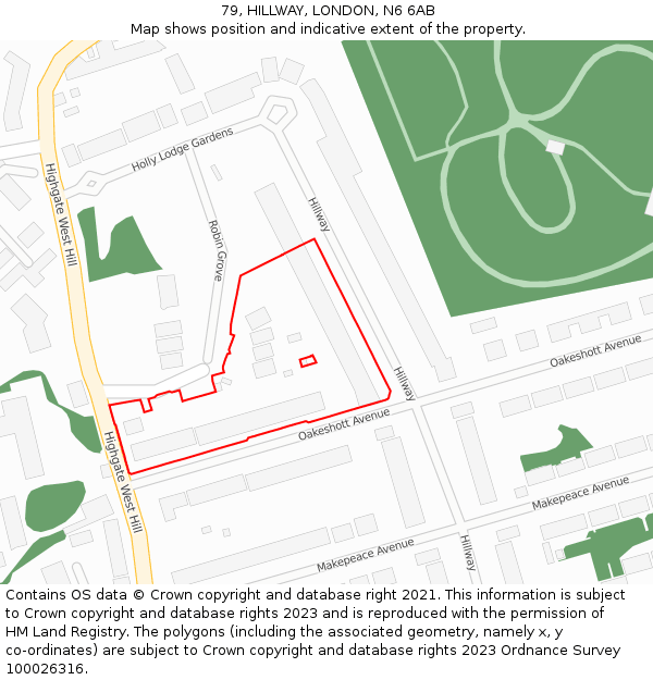 79, HILLWAY, LONDON, N6 6AB: Location map and indicative extent of plot