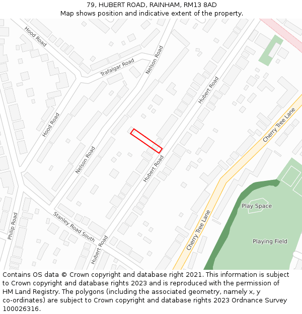79, HUBERT ROAD, RAINHAM, RM13 8AD: Location map and indicative extent of plot