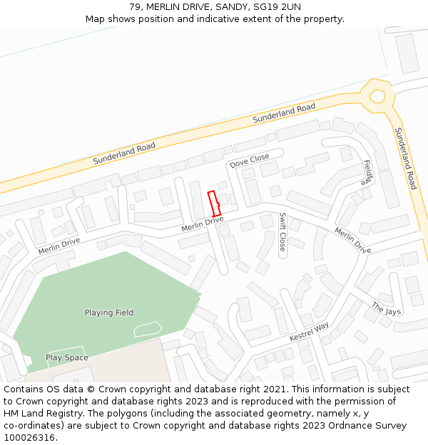 79, MERLIN DRIVE, SANDY, SG19 2UN: Location map and indicative extent of plot