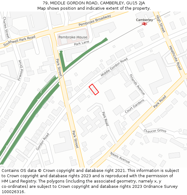 79, MIDDLE GORDON ROAD, CAMBERLEY, GU15 2JA: Location map and indicative extent of plot