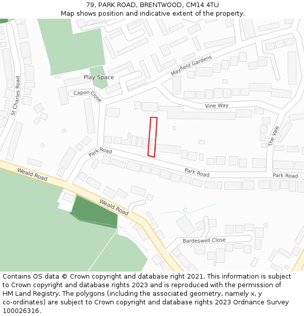 79, PARK ROAD, BRENTWOOD, CM14 4TU: Location map and indicative extent of plot