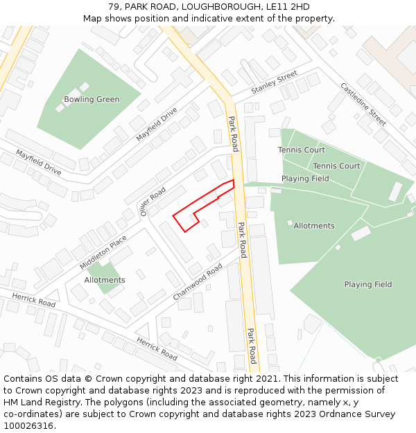 79, PARK ROAD, LOUGHBOROUGH, LE11 2HD: Location map and indicative extent of plot