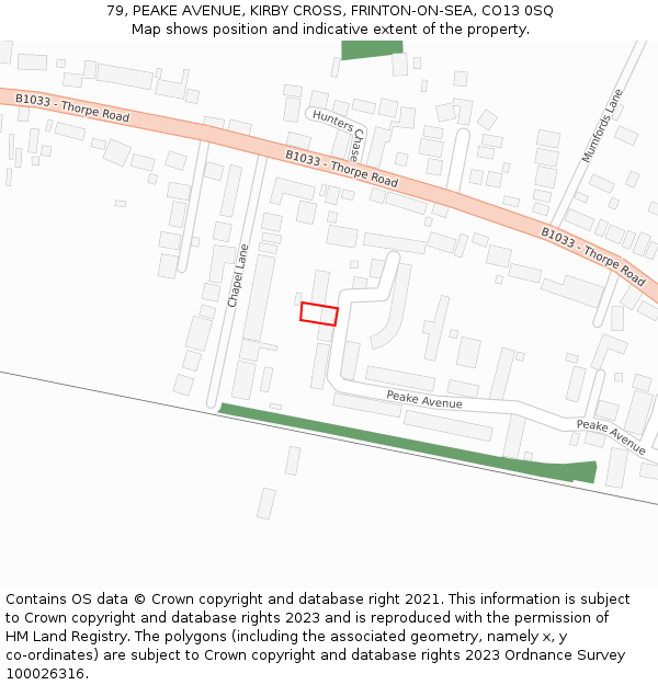 79, PEAKE AVENUE, KIRBY CROSS, FRINTON-ON-SEA, CO13 0SQ: Location map and indicative extent of plot