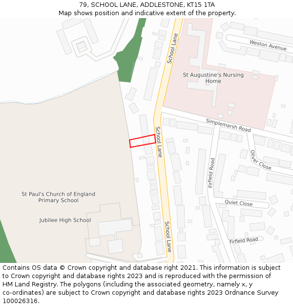 79, SCHOOL LANE, ADDLESTONE, KT15 1TA: Location map and indicative extent of plot
