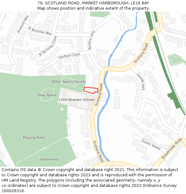 79, SCOTLAND ROAD, MARKET HARBOROUGH, LE16 8AY: Location map and indicative extent of plot