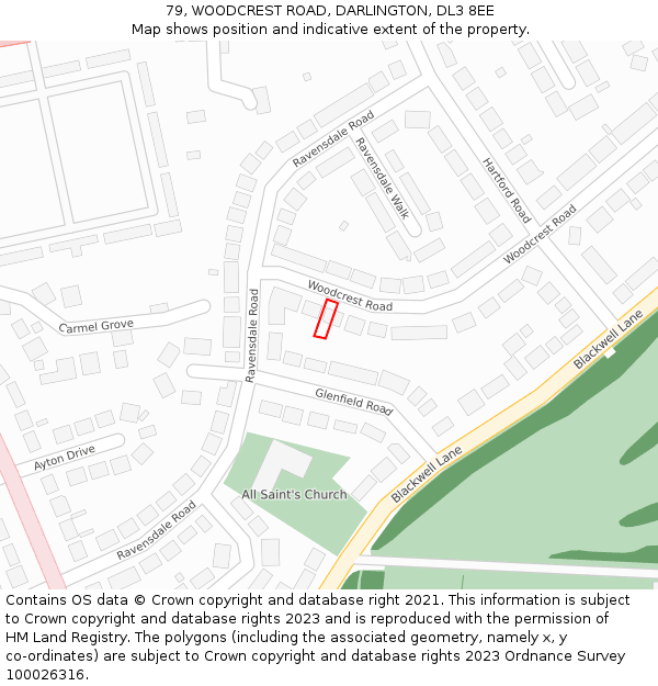 79, WOODCREST ROAD, DARLINGTON, DL3 8EE: Location map and indicative extent of plot
