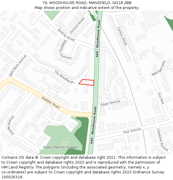 79, WOODHOUSE ROAD, MANSFIELD, NG18 2BB: Location map and indicative extent of plot