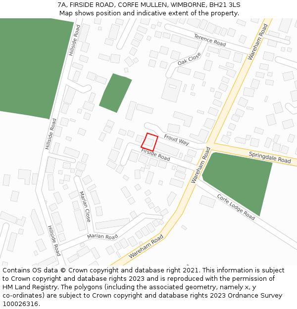 7A, FIRSIDE ROAD, CORFE MULLEN, WIMBORNE, BH21 3LS: Location map and indicative extent of plot