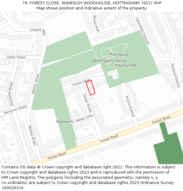 7A, FOREST CLOSE, ANNESLEY WOODHOUSE, NOTTINGHAM, NG17 9HF: Location map and indicative extent of plot