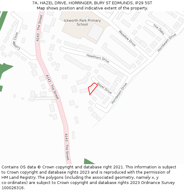 7A, HAZEL DRIVE, HORRINGER, BURY ST EDMUNDS, IP29 5ST: Location map and indicative extent of plot