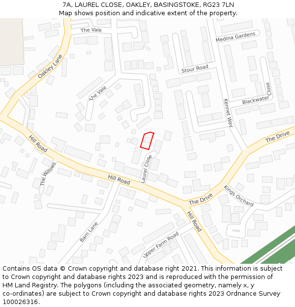 7A, LAUREL CLOSE, OAKLEY, BASINGSTOKE, RG23 7LN: Location map and indicative extent of plot