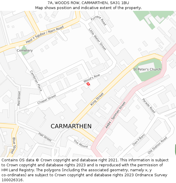 7A, WOODS ROW, CARMARTHEN, SA31 1BU: Location map and indicative extent of plot