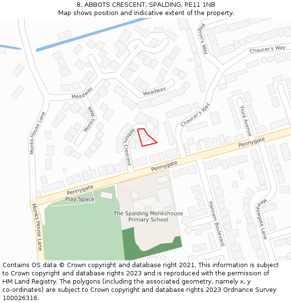 8, ABBOTS CRESCENT, SPALDING, PE11 1NB: Location map and indicative extent of plot