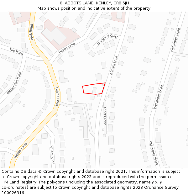 8, ABBOTS LANE, KENLEY, CR8 5JH: Location map and indicative extent of plot
