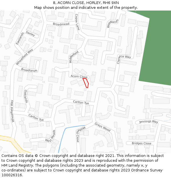 8, ACORN CLOSE, HORLEY, RH6 9XN: Location map and indicative extent of plot