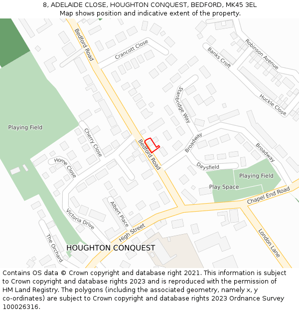 8, ADELAIDE CLOSE, HOUGHTON CONQUEST, BEDFORD, MK45 3EL: Location map and indicative extent of plot