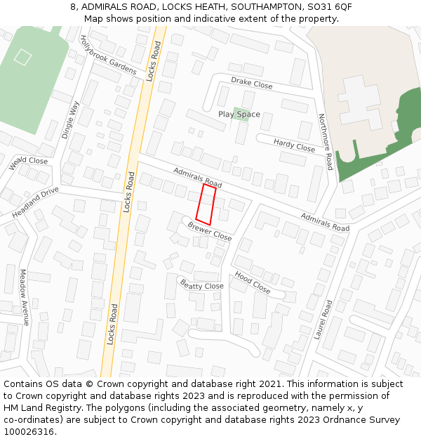 8, ADMIRALS ROAD, LOCKS HEATH, SOUTHAMPTON, SO31 6QF: Location map and indicative extent of plot