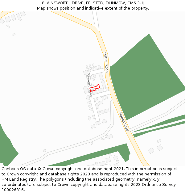8, AINSWORTH DRIVE, FELSTED, DUNMOW, CM6 3UJ: Location map and indicative extent of plot