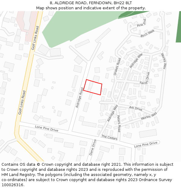 8, ALDRIDGE ROAD, FERNDOWN, BH22 8LT: Location map and indicative extent of plot