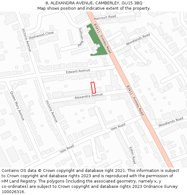 8, ALEXANDRA AVENUE, CAMBERLEY, GU15 3BQ: Location map and indicative extent of plot