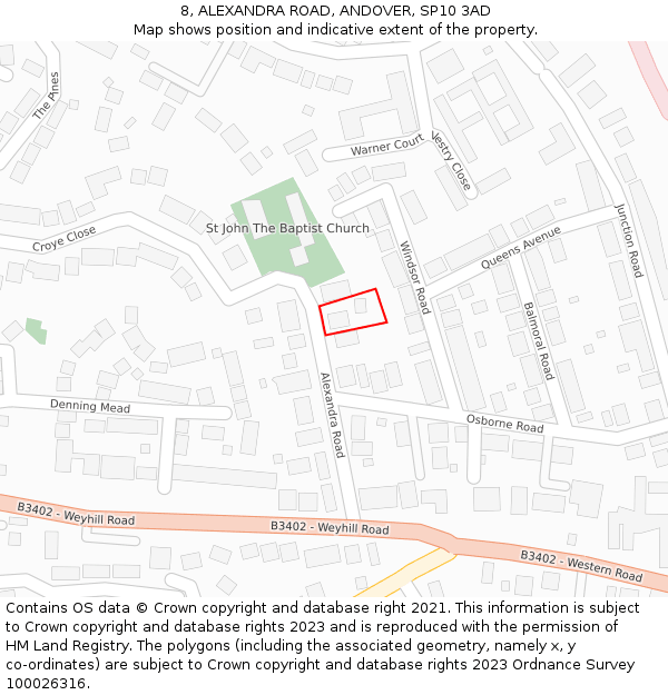 8, ALEXANDRA ROAD, ANDOVER, SP10 3AD: Location map and indicative extent of plot