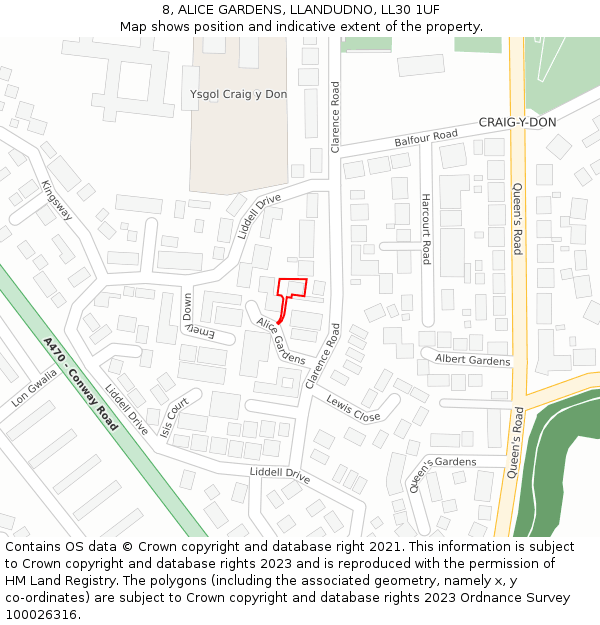 8, ALICE GARDENS, LLANDUDNO, LL30 1UF: Location map and indicative extent of plot