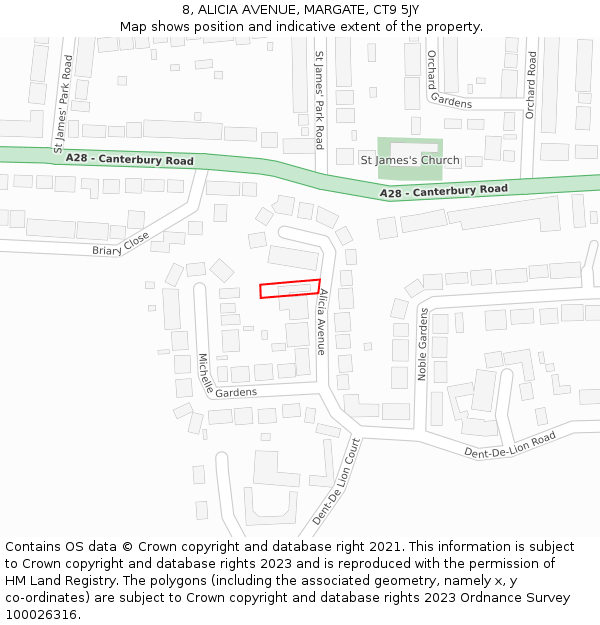 8, ALICIA AVENUE, MARGATE, CT9 5JY: Location map and indicative extent of plot