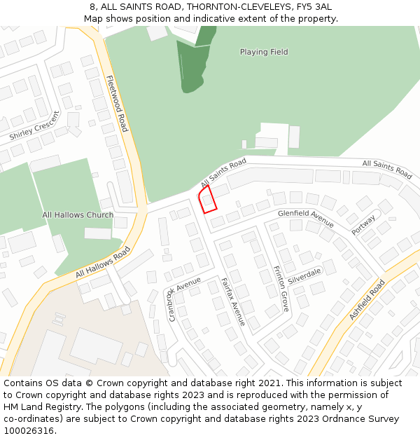 8, ALL SAINTS ROAD, THORNTON-CLEVELEYS, FY5 3AL: Location map and indicative extent of plot