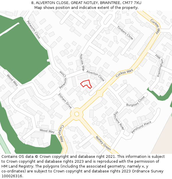 8, ALVERTON CLOSE, GREAT NOTLEY, BRAINTREE, CM77 7XU: Location map and indicative extent of plot