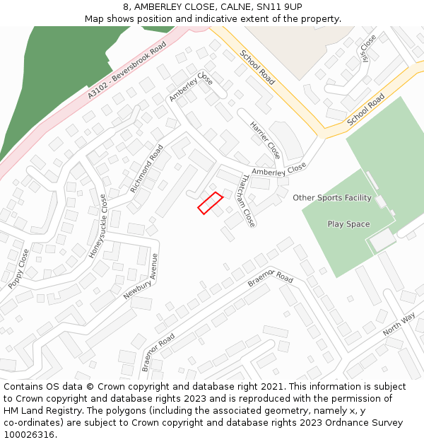 8, AMBERLEY CLOSE, CALNE, SN11 9UP: Location map and indicative extent of plot