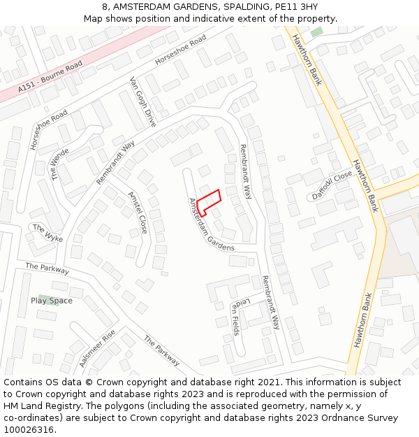 8, AMSTERDAM GARDENS, SPALDING, PE11 3HY: Location map and indicative extent of plot