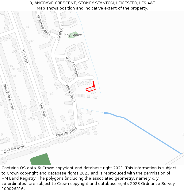 8, ANGRAVE CRESCENT, STONEY STANTON, LEICESTER, LE9 4AE: Location map and indicative extent of plot