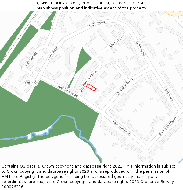 8, ANSTIEBURY CLOSE, BEARE GREEN, DORKING, RH5 4RE: Location map and indicative extent of plot